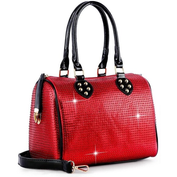 Women's Medium Red Rhinestone Covered Locked Satchel With Top Black Handles - Picture 2 of 2